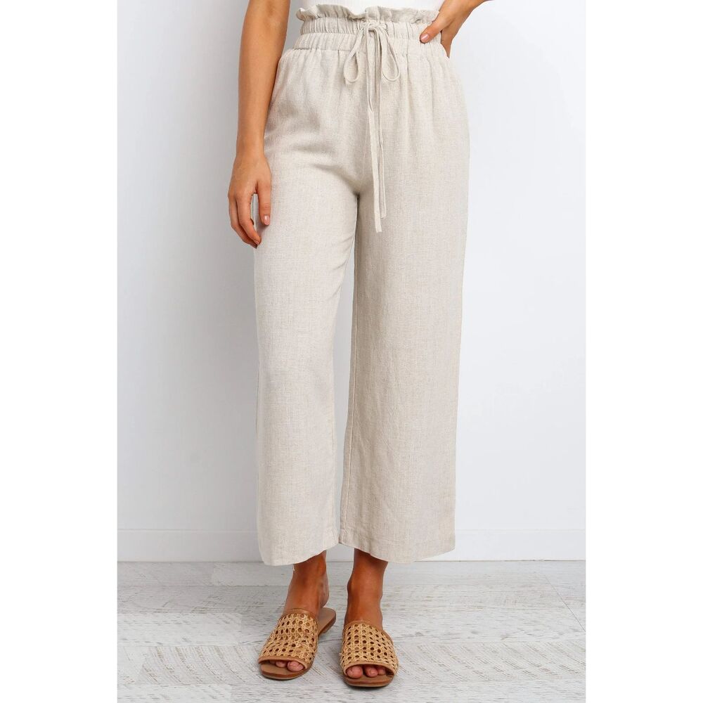 Petal + Pup Hawthorne Pant Beige Linen Blend Wide Leg Crop Drawstring US 6